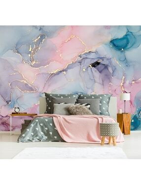 Peel & Stick Pink Blue Gold XL Marble Wall Mural Wallpaper Decor 137"× 96' NWT